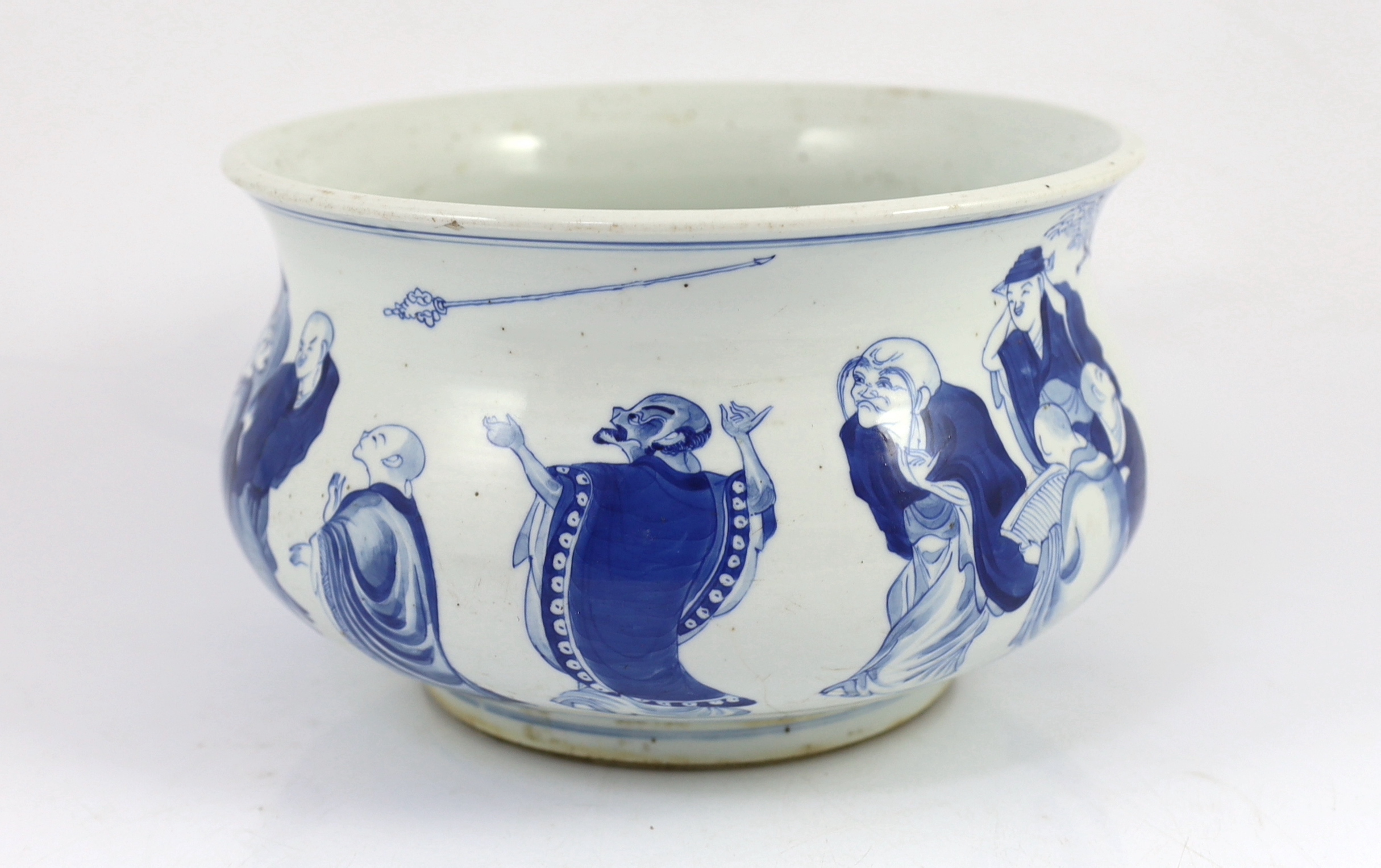 A rare Chinese blue and white ‘eighteen luohan’ censer, Kangxi period, inscribed dedication and cyclical date for 1709